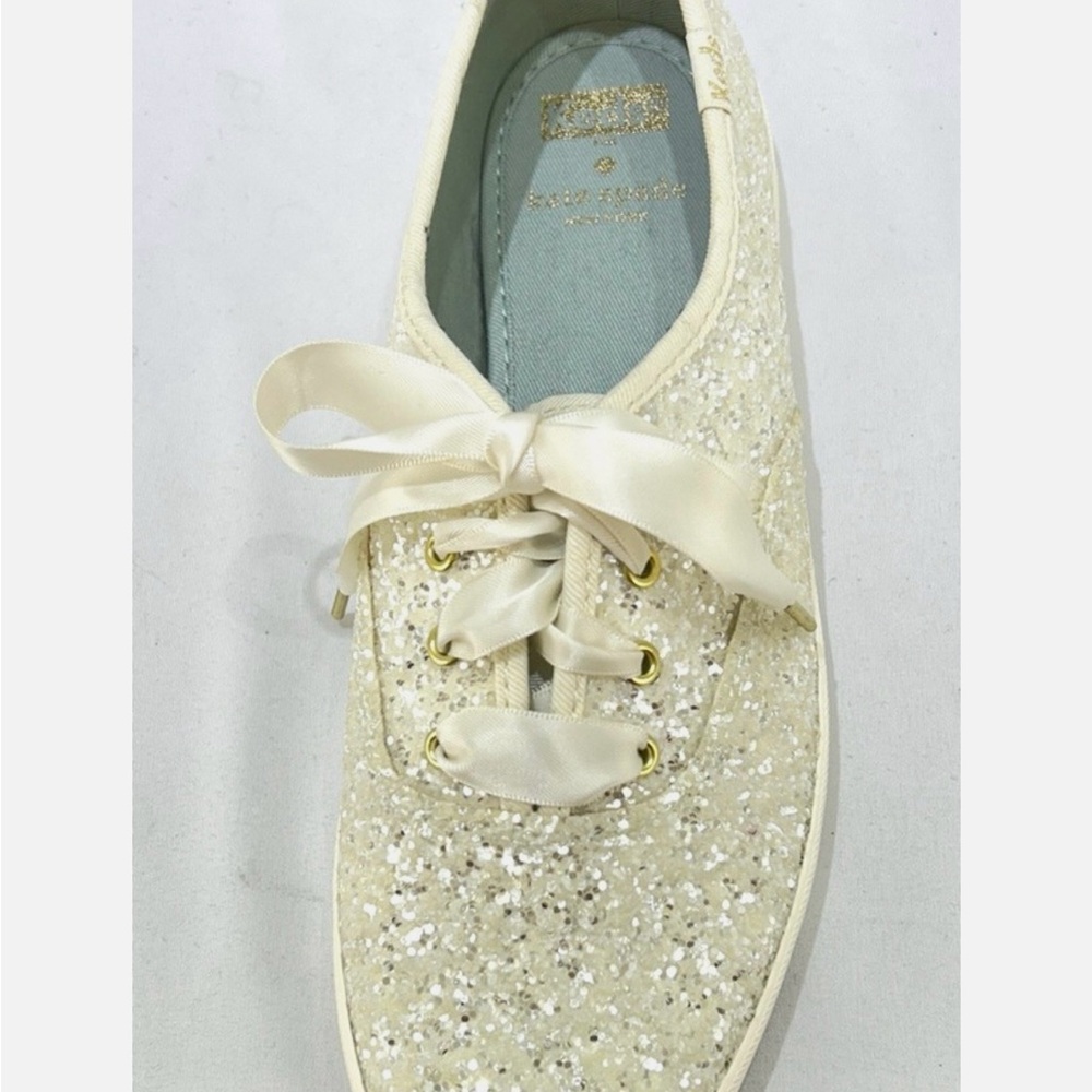 NEW IN BOX! Keds x Kate Spade Ivory Glitter Satin Ribbon Sneakers Size 8 - Picture 2 of 6